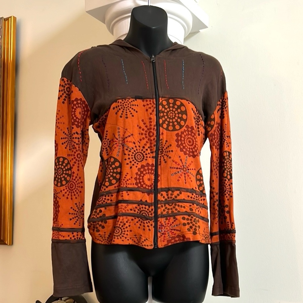 Yak N Yeti Boho Whimsy Orange & Brown Zip Hoodie 100% Cotton Size Small